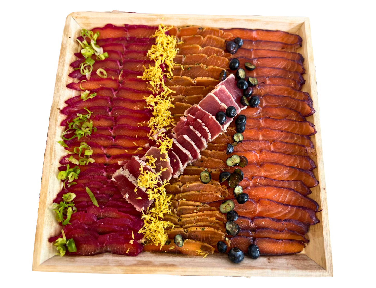 Cured Fish Board with Added Seared Tuna MEDIUM 11 x 11 on Wood Tray